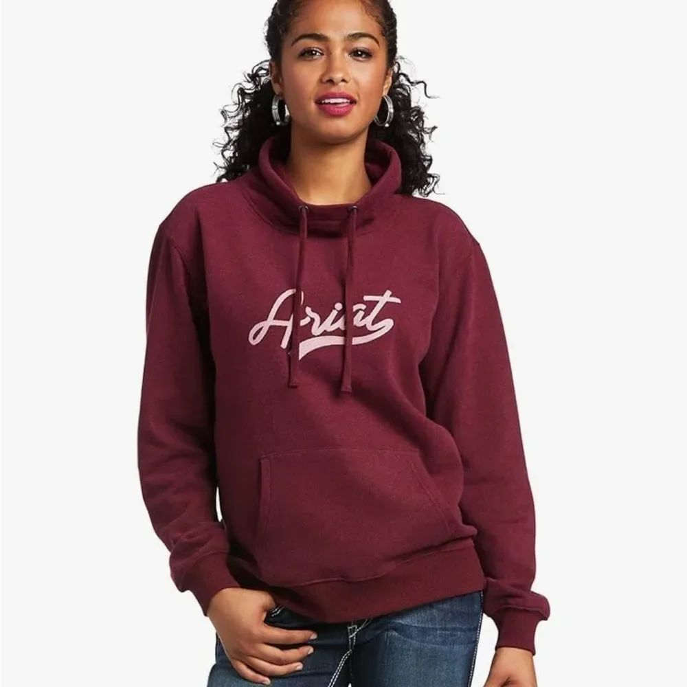 Ariat Real Women's Sweatshirt Red Script Logo XL Drawstring Heathered Zinfandel